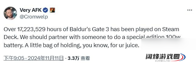 博德之门3SteamDeck游玩总时长已超1700万小时